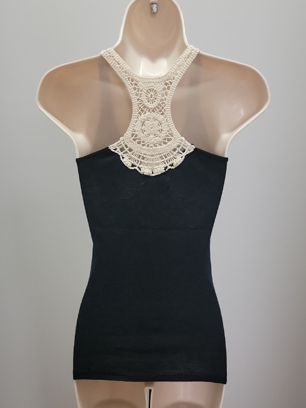 Boho Black Ribbed Tank with Cream Crochet Racerback Detail Sz S